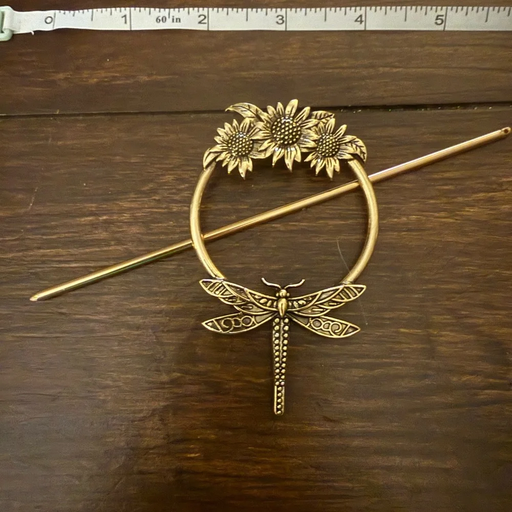 Gold Dragonfly Sunflower Hair Pin - Picture 3 of 4